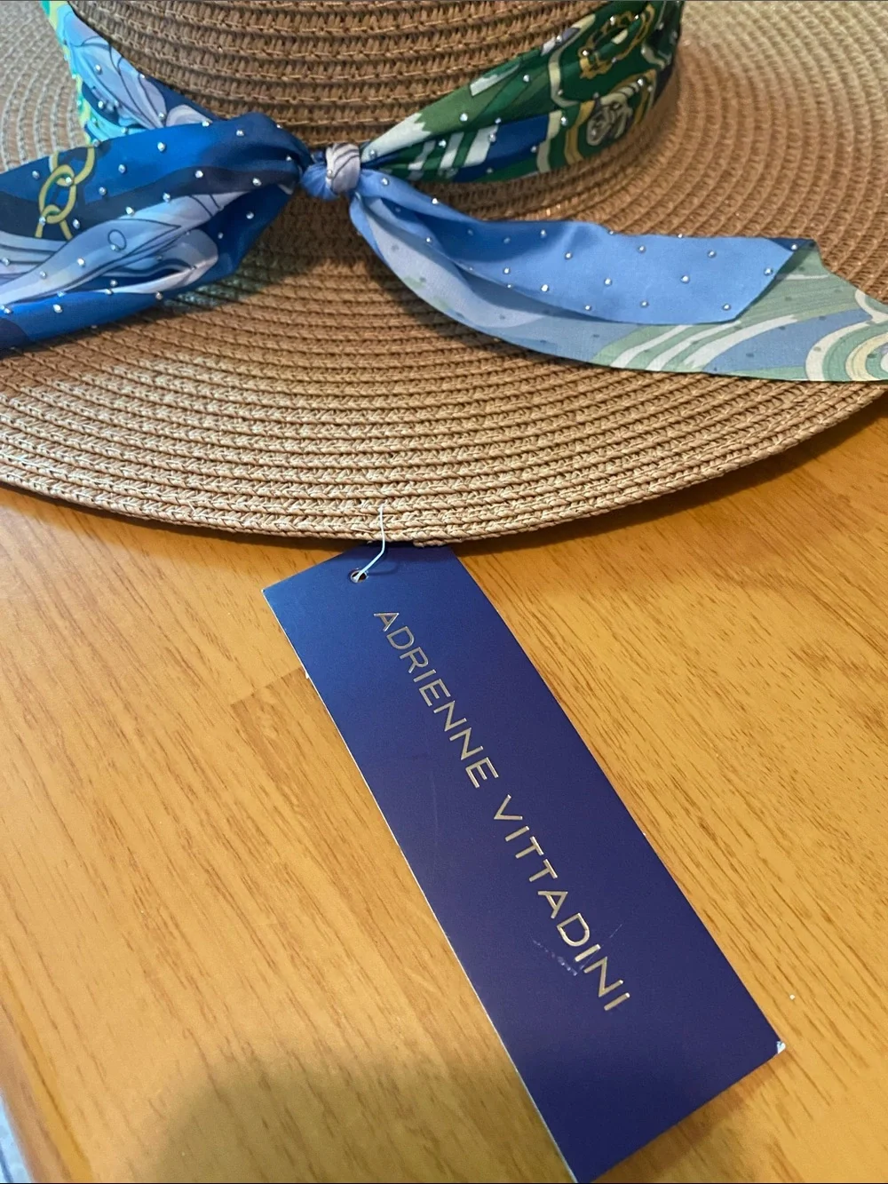 Adrienne Vittadini Tan Straw Sun Hat with Blue & Green Scarf